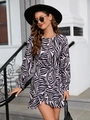 Detailansicht eines Damen-Langarm-Minikleids mit Zebradruck, Rüschensaum und Taillenband - S / Schwarz Weiß Zebra