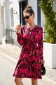 Detail of rose red maxi dress with long sleeves, V-neck, and black damascus pattern - S / Rose Red Baroque