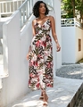 Detail van zomerse maxi-jurk met tropische bloemenprint en spaghettibandjes met V-hals - S / Wit