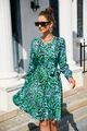 Detail of green and blue leopard print dress featuring V-neck and waist tie design - S / Green Leopard