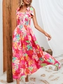 Detail von gesmoktem Oberteil und Trägern am sommerlichen Stufenkleid mit Blumenprint - S / 10991 Rot