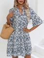 Detail of V-neck summer boho dress featuring blue paisley print and bell sleeves - S / Blue Retro Print (10996)