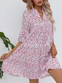 Detailed V-neck and ruffled layered hem of a colorful floral print summer mini dress - S / Pink Floral Print (10996)