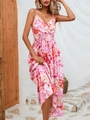 Detail of pink floral print maxi dress with halter V-neck and ruffled hem design - Pink Floral