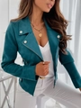 Detail of teal faux suede jacket showing wide lapels and silver decorative buttons - Lake Blue