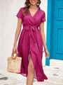 Detail of V-neck wrap dress with red polka dots, bow waist tie, and side slit design - S / Purple With Red Polka Dots (109106 Red Dot)