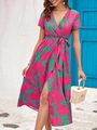 Detailed close-up of summer floral V-neck dress featuring bright pink and green leaf prints - Pink With Green Floral (109106 Pink)