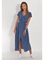 Detail of blue polka dot wrap dress featuring V-neckline and tie waist with side slit - Navy Blue With White Polka Dots (109106 Blue)