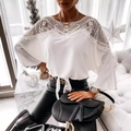 Blouse élégante blanche en mousseline à manches longues avec broderie dentelle ajourée - S / Blanc