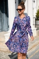 Detail of pink and blue leopard print maxi dress featuring a V-neck and button closures - S / Blue Leopard