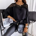 Élégant chemisier noir en mousseline pour femme avec dentelle, col en V et manches larges - S / Noir