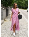 Detail of purple wrap dress with orange abstract print, deep V-neck and waist tie - S / Purple With Orange Floral (9198 Pink)