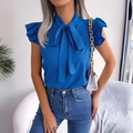 Camicetta senza maniche blu reale con collo a fiocco e balze a strati sulle spalle - S / Blu