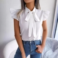 Camicetta bianca in chiffon senza maniche con volant e fiocco sul collo da donna - S / Bianco
