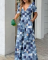 Detail of V-neck printed jumpsuit with patchwork denim pattern and puff sleeves - XXL / Denim Blue