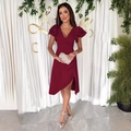 Slim fit wine red V-neck dress with layered ruffle sleeves and asymmetric hemline - S / Burgundy