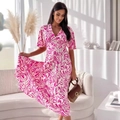 Rosa-weiß gemustertes Maxikleid mit V-Ausschnitt, Trompetenärmeln und Gummizug - S / Rot