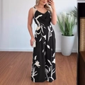 Damen Sommer-Jumpsuit mit schwarz-weißem Blattmuster, schmalen Trägern und weitem Bein - S / Schwarz