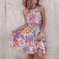 Summer halter neck paisley print dress with elastic high waist and bohemian flared skirt - S / Light Purple
