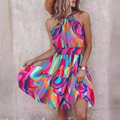 Halter neck sleeveless mini dress with colorful abstract print and ruffled hem - S / Colorful