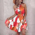 Detail of halter neck design and elastic high waist on geometric print summer dress - S / Three-color Flower