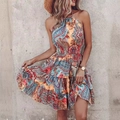 Bohemian paisley print halter dress with backless design and tiered ruffle hem - S / Orange Blue Patchwork