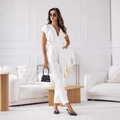 Elegant white V-neck short sleeve jumpsuit with waist tie and straight-leg trousers - S / White