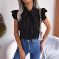 Top senza maniche nero da donna con scollo a fiocco e maniche a volant - S / Nero