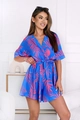 Blauer Sommer-Jumpsuit mit rosa Palmenprint, V-Ausschnitt und Bindegürtel-Detail - S / Blau
