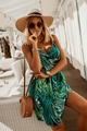 Detail of summer tropical palm leaf print on a V-neck strapless dress with high waist design - 2XL / Green