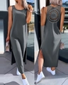 Detail view of dark grey sleeveless maxi dress featuring lace cutout back and side slit hem - S / Dark Gray (105322)