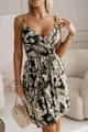 Detail of V-neck printed dress with elastic waist and tropical palm leaf pattern - Black Leaf Flower