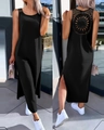 Detailed back view of a black sleeveless maxi dress with intricate crochet cutout design - S / Black (105322)