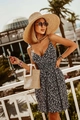 Detail of floral V-neck summer dress with waist tie and delicate white flower prints - 2XL / Black Background Small Flowers