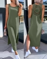 Olive green sleeveless midi dress with mandala lace cutout back and side slit detail - Army Green (105322)