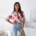 Floral print single-breasted shirt with five-point sleeves in a modern urban style - S / Red Flower