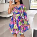 Rosa und blaues Bohemian-Blumenkleid mit einer Schulter und einzelnem Laternenärmel - S / Blau Rosa