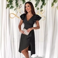 Elegant black V-neck dress with layered ruffle sleeves and asymmetrical hemline for women - S / Black