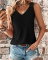 Detail of V-neck sleeveless top featuring delicate lace crochet and embroidery texture - S / Black