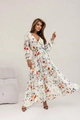 Makroaufnahme von V-Ausschnitt Blumenkleid mit feinem Druck und elastischen Rüschenbündchen - S / Weiß