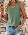 Detail of green V-neck sleeveless top featuring intricate eyelet embroidery and hollow-out texture - S / Green