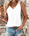 Detail of white V-neck sleeveless top with intricate diamond eyelet embroidery texture - S / White