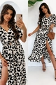 Dettaglio di abito leopardato con scollo a V, cintura con fibbia e spacco laterale alto - S / Bianco