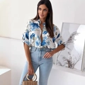 Women's white shirt with blue floral print and single-breasted five-point sleeves - S / Blue Flower