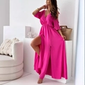 Rosarotes schulterfreies Maxikleid mit tiefem V-Ausschnitt und Seitenschlitzen für Sommer - S / Rosarot
