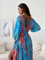 Detail of bohemian sky blue floral maxi dress with backless lace-up and tassel accents - S / Tops / Blue