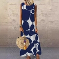 Women's sleeveless floral maxi dress with round neck and blue flowers on white fabric - Blue