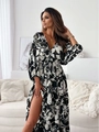Detail of deep V-neck and drawstring waist on black and white floral printed maxi dress - S / Tops / Black