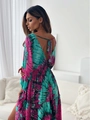 Detail of bohemian floral maxi dress featuring deep V back and tassel tie straps - S / Tops / Purple