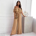 Damen Jumpsuit mit Carmen-Ausschnitt, Volants und weitem Bein in elegantem Kamelbraun-Ton - S / Khaki